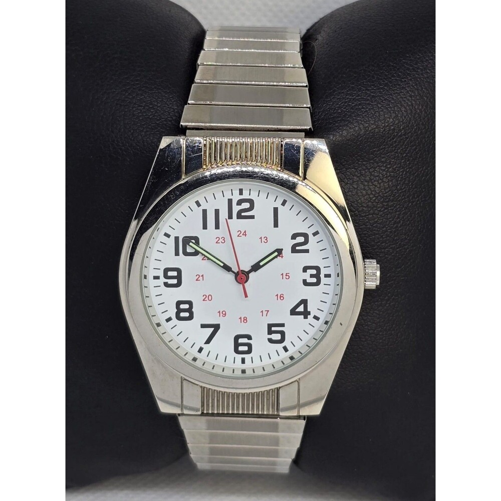 Men's FMD Round Big Face White 12 / 24 Dial Silver Tone Flex Band Watch 05